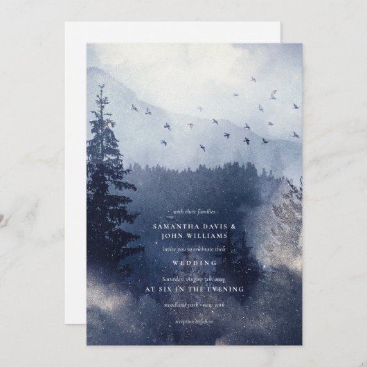 Invitation Forêt de neige bleue moderne avec Mariage d'oiseau (Devant / Derrière)
