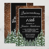 Invitation Forêt de neige noire et pin de bois Tiara Quinceañ (Devant / Derrière)