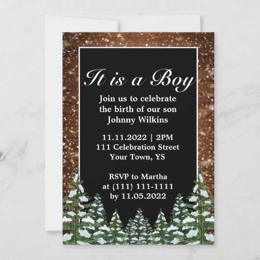 Invitation Forêt de neige Pine Bébé Garçon Fête de naissance (Devant)