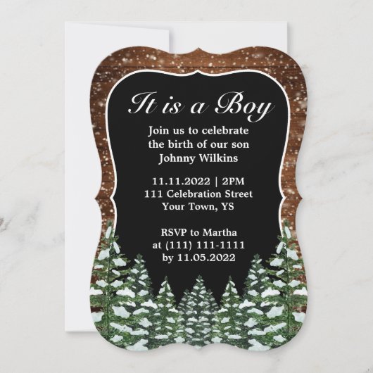 Invitation Forêt de neige Pine Bébé Garçon Fête de naissance (Devant)