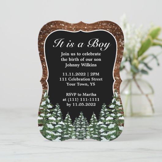 Invitation Forêt de neige Pine Bébé Garçon Fête de naissance (Debout devant)