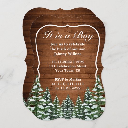 Invitation Forêt de neige Pine Bébé Garçon Fête de naissance (Devant / Derrière)