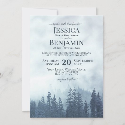 Invitation Forêt de pin bleu foncé Rustique Mariage extérieur (Devant)