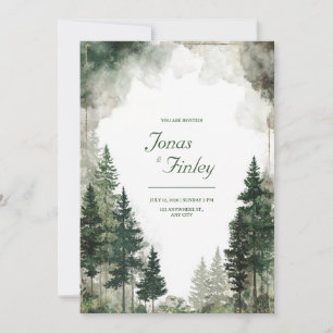 Invitation Forêt de pins à l'aquarelle poussière d'or rustiqu
