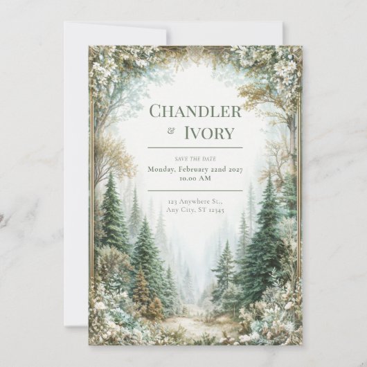 Invitation Forêt de pins brumeuse Or Fleurs de mariage (Devant)
