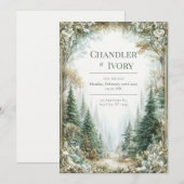 Invitation Forêt de pins brumeuse Or Fleurs de mariage (Devant / Derrière)