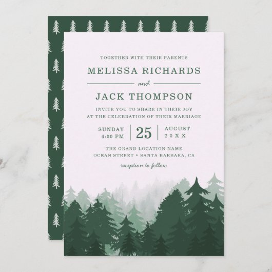 Invitation Forêt de pins d'hiver Vert Mariage rustique (Devant / Derrière)