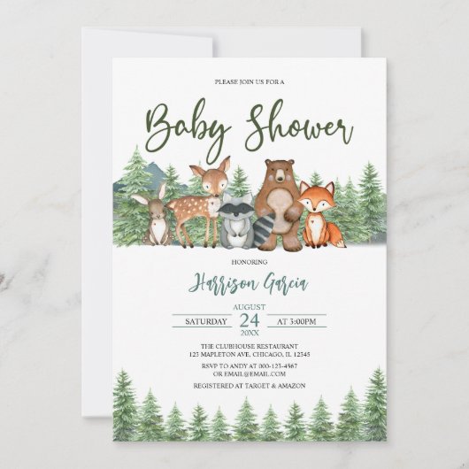 Invitation Forêt de verdure Baby shower des animaux de bois (Devant)