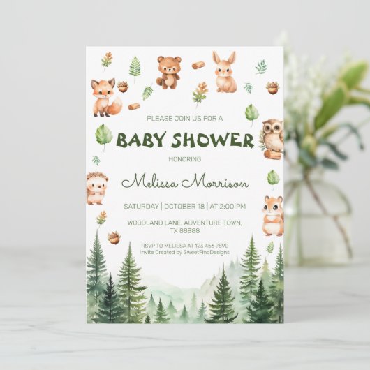 Invitation Forêt de verdure Woodland Amis baby shower Boho (Debout devant)