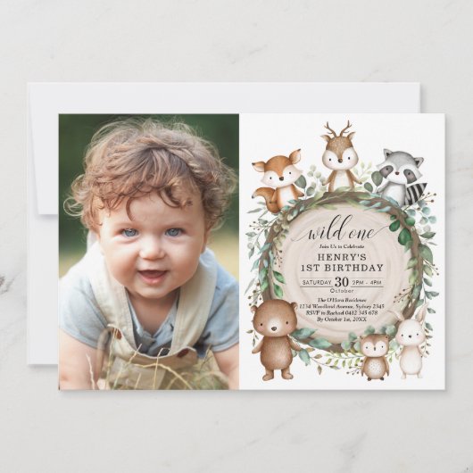 Invitation Forêt de Whimsical Forêt d'animaux sauvages Un ann (Devant)