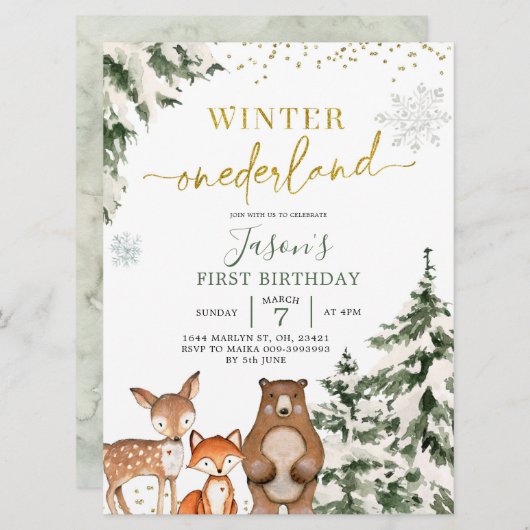 Invitation Forêt des bois d'hiver Forêt des neiges Premier an (Devant / Derrière)