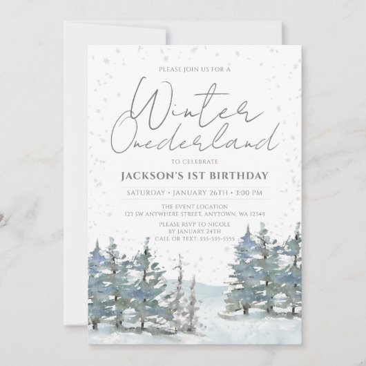 Invitation Forêt des neiges hiver Onederland Garçon 1er anniv (Devant)