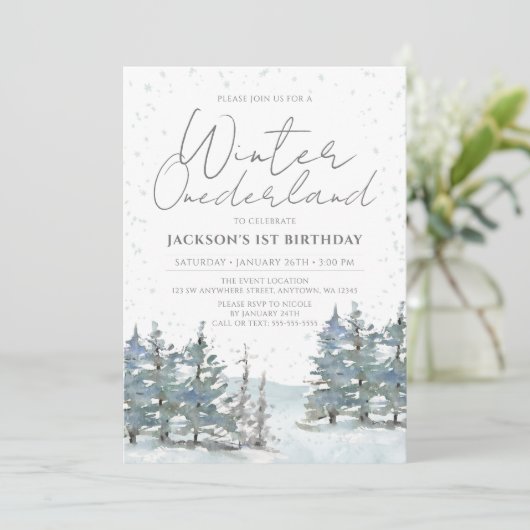 Invitation Forêt des neiges hiver Onederland Garçon 1er anniv (Debout devant)