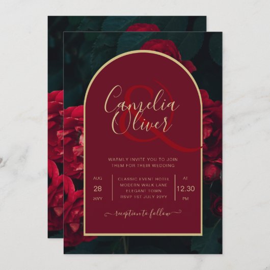 Invitation Forêt des Roses Rouges Vert Mariage d'hiver (Devant / Derrière)