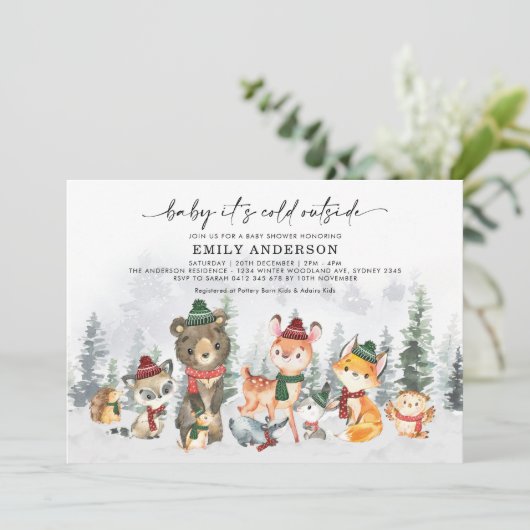 Invitation Forêt d'hiver Animaux des bois Baby shower neutre (Debout devant)