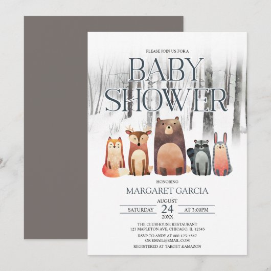 Invitation Forêt d'hiver Baby shower des animaux de forêt (Devant / Derrière)