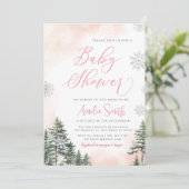Invitation Forêt d'hiver Baby shower fille rose (Debout devant)