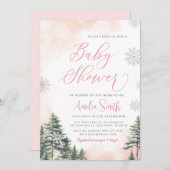 Invitation Forêt d'hiver Baby shower fille rose (Devant / Derrière)