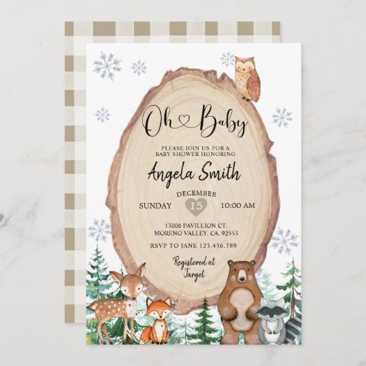 Invitation Forêt d'hiver Baby shower forestier rustique (Devant / Derrière)