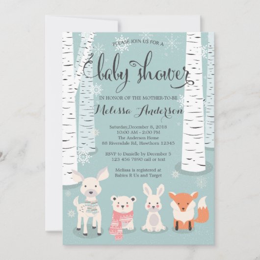 Invitation forêt d'hiver baby shower invitation, animaux (Devant)