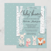 Invitation forêt d'hiver baby shower invitation, animaux (Devant / Derrière)