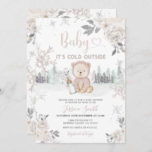 Invitation Forêt d'hiver blanche Il fait froid Baby shower ex (Devant / Derrière)