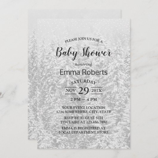 Invitation Forêt d'hiver Élégant Baby shower blanc de neige (Devant / Derrière)
