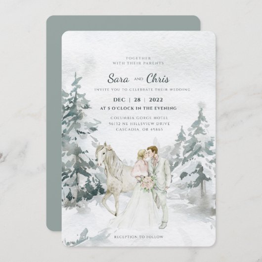 Invitation Forêt d'hiver romantique neige avec mariée et cham (Devant / Derrière)