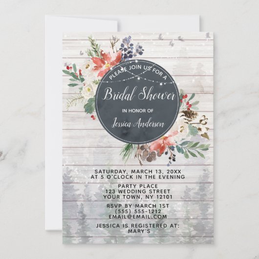 Invitation Forêt d'hiver rustique illumine la Fête des mariée (Devant)