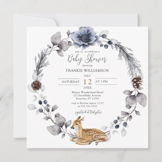 Invitation Forêt d'hiver Wreath Baby shower d'animaux des boi (Devant)