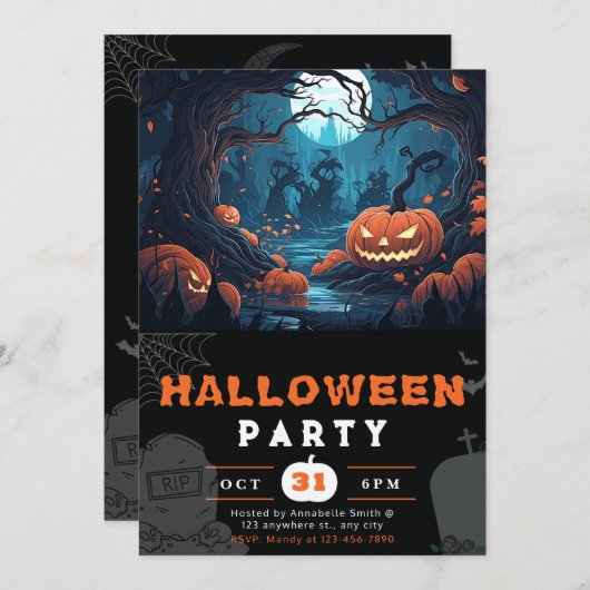 Invitation Forêt effrayante et lanternes Jack-O' Halloween no (Devant / Derrière)
