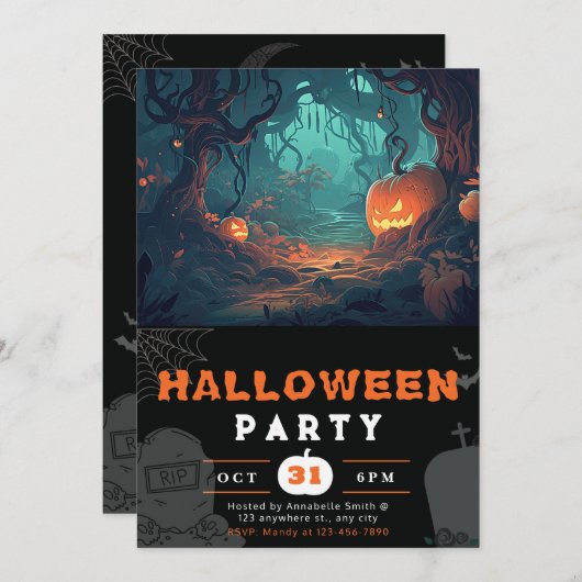Invitation Forêt effrayante et lanternes Jack-O' Halloween no (Devant / Derrière)