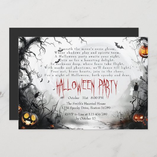 Invitation Forêt Éffrayante horizontale I Poème Citrouille Ha (Devant / Derrière)