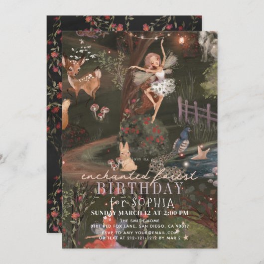Invitation Forêt Enchantée Animaux de forêt Fées Anniversaire (Devant / Derrière)