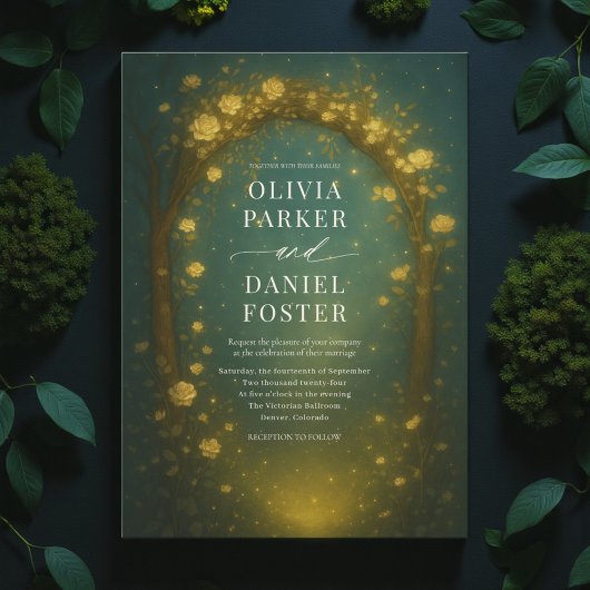 Invitation Forêt Enchantée Arc Or Émeraude Vert Mariage