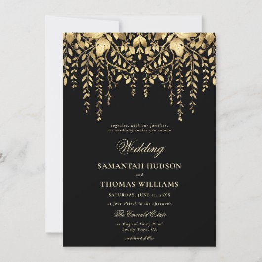 Invitation Forêt enchantée Black Gold Mariage élégant (Devant)