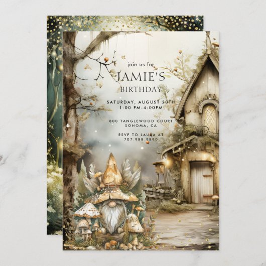 Invitation Forêt enchantée Bois Gnome Anniversaire de l'enfan (Devant / Derrière)