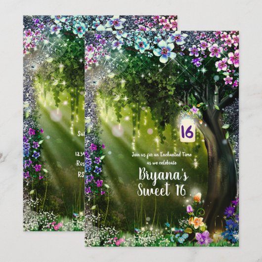 Invitation Forêt enchantée de bois de fantaisie Fleurs Douze (Devant / Derrière)