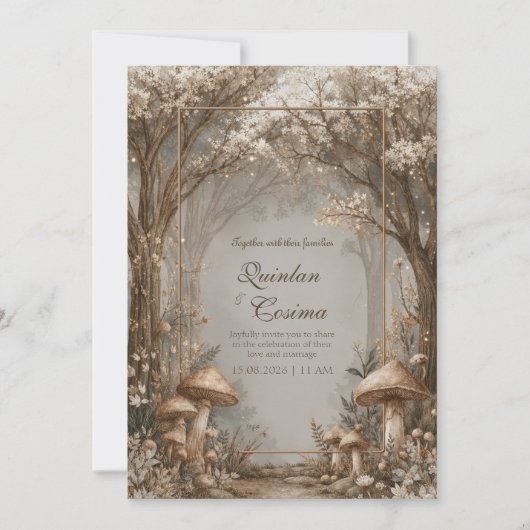 Invitation Forêt Enchantée de Mariage Champignon Bronze Sépia (Devant)
