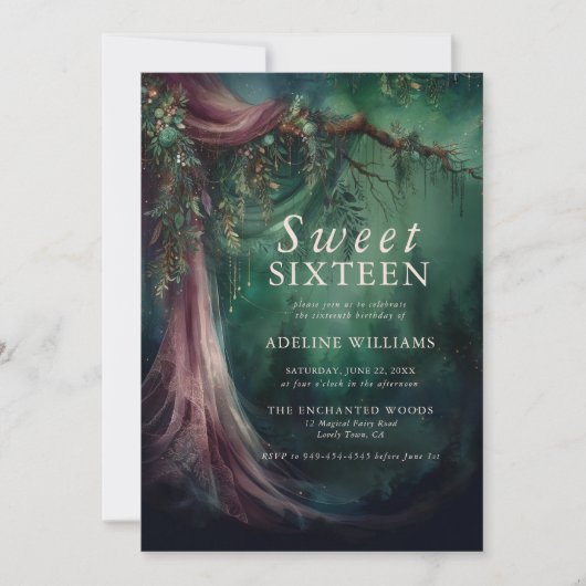 Invitation Forêt enchantée Emerald Mauve Fairytale Sweet 16 (Devant)