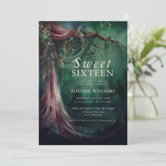 Invitation Forêt enchantée Emerald Mauve Fairytale Sweet 16 (Debout devant)