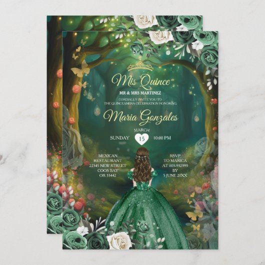Invitation Forêt enchantée Emerald Quinceañera (Devant / Derrière)