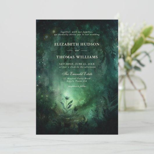 Invitation Forêt enchantée Émeraude verte Mariage élégant (Debout devant)