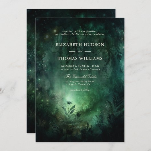 Invitation Forêt enchantée Émeraude verte Mariage élégant (Devant / Derrière)