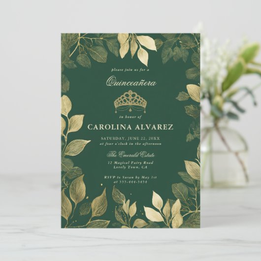 Invitation Forêt enchantée Faux Gold Foliage Quinceanera (Debout devant)