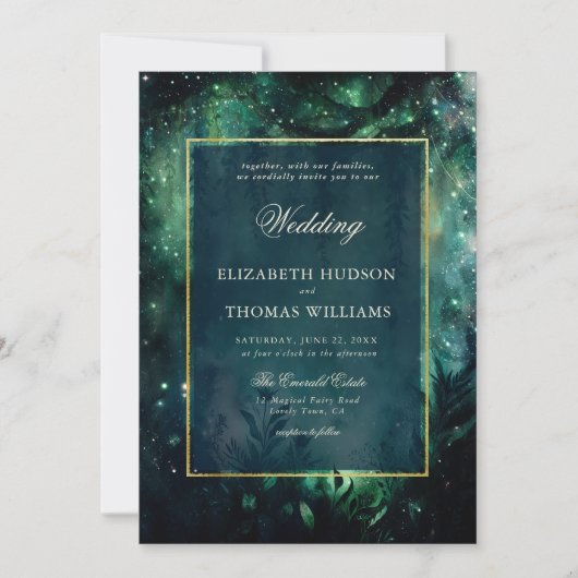 Invitation Forêt Enchantée Faux Gold Frame Mariage élégant (Devant)