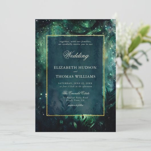 Invitation Forêt Enchantée Faux Gold Frame Mariage élégant (Debout devant)