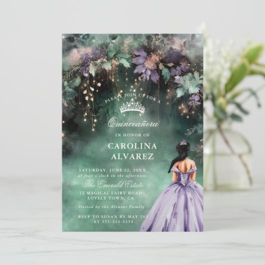 Invitation Forêt enchantée Faux or Lavender Quinceanera (Debout devant)