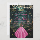 Invitation Forêt enchantée Fuchsia Robe rose XV Quinceañera (Devant)