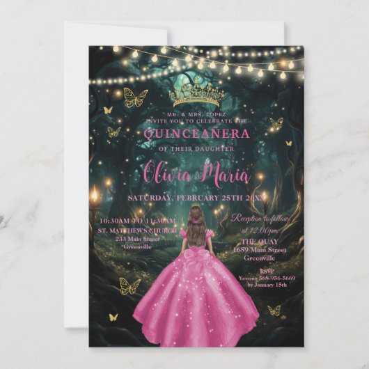 Invitation Forêt enchantée Fuchsia Robe rose XV Quinceañera (Devant)
